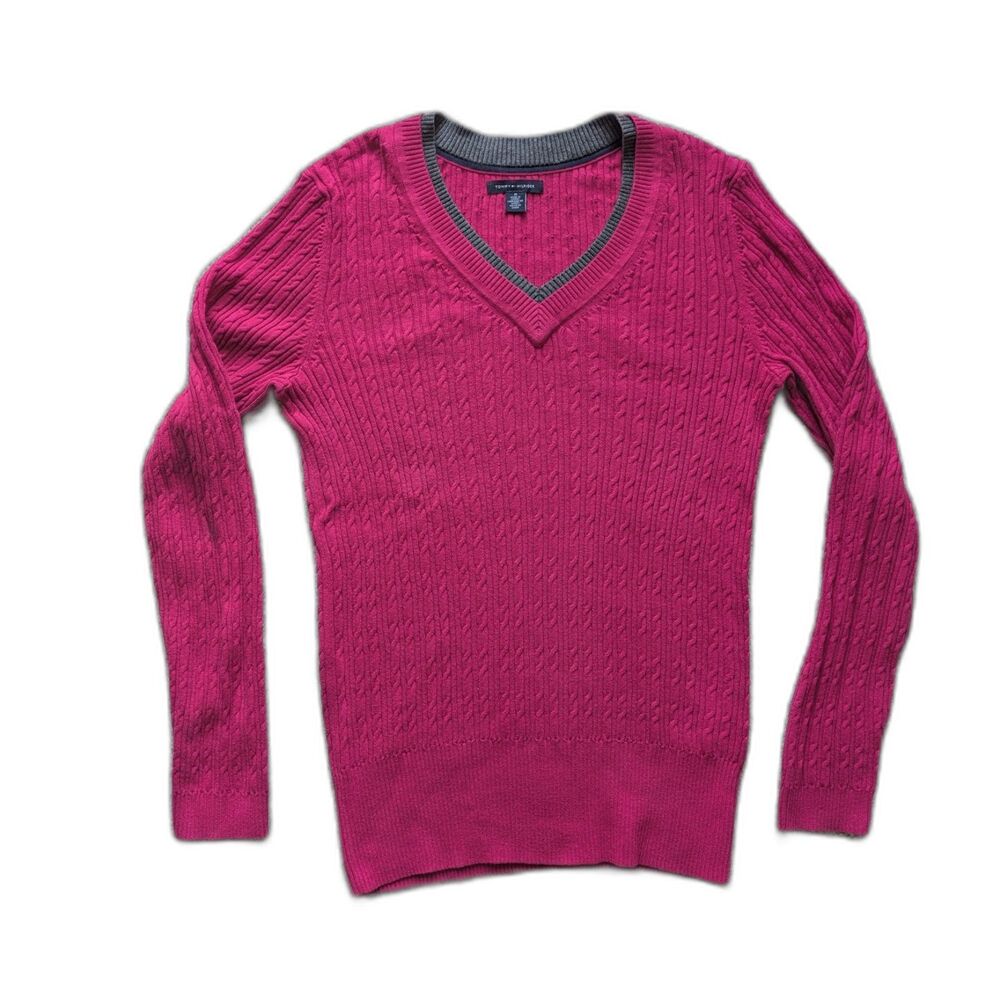 Tommy Hilfiger Y2K Cotton Fuchsia Pink Cable Knit Sweater w/ Gray Trim Sz M